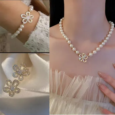 Vintage Zircon Floral Pearl Necklace Set